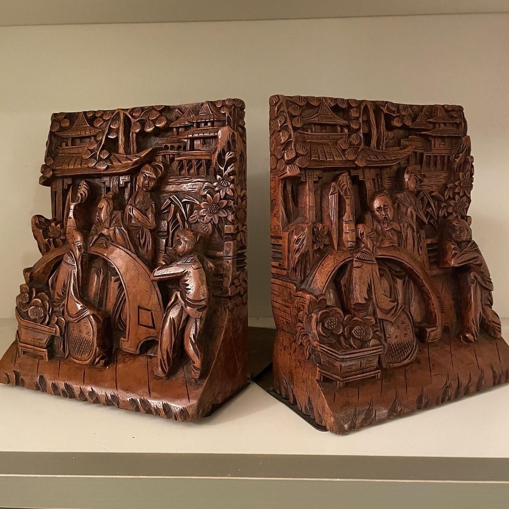 Vintage/Antique Chinese Hand-Carved Hardwood Bookends Village & Court Scene